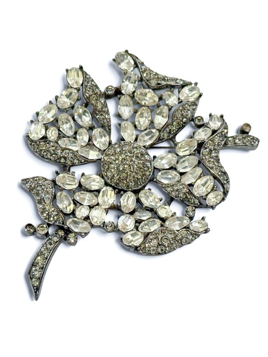 Crown Trifari Jewelry - Rare Crown Trifari Couture Flower Brooch, Clear Rhinestones & Smoke Crystal Pavé